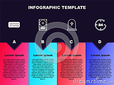 Set line Retro flip clock, Hard disk drive HDD, Tombstone with cross and Clock 24 hours. Business infographic template Vector Illustration
