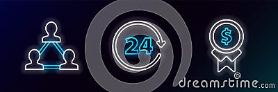 Set line Reward for good work, Project team base and Clock 24 hours icon. Glowing neon. Vector Vector Illustration