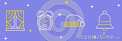 Set line Ringing bell, Sleeping hat, Alarm clock and Window with curtains icon. Vector Stock Photo