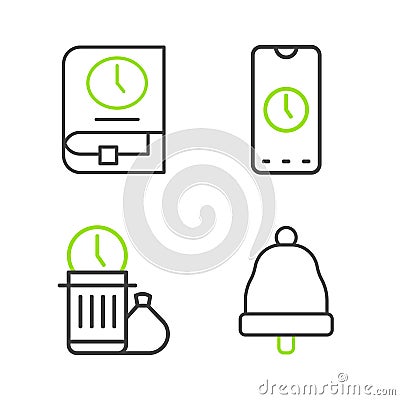 Set line Ringing bell, Waste of time, Alarm clock app mobile and Time for book icon. Vector Stock Photo