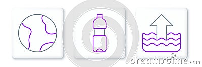 Set line Rise in water level, Earth globe and Bottle of icon. Vector Vector Illustration
