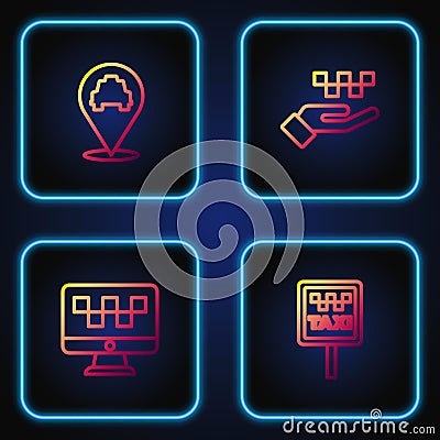 Set line Road sign for a taxi stand, Computer call service, Location with and Hand. Gradient color icons. Vector Vector Illustration