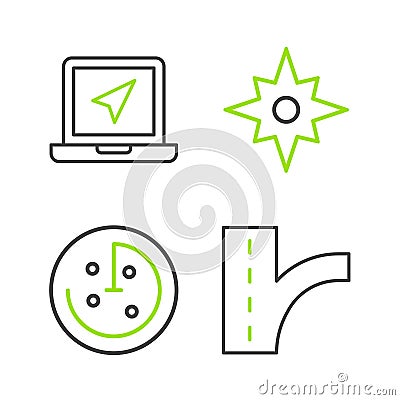 Set line Road traffic sign, Radar with targets on monitor, Wind rose and Laptop location marker icon. Vector Vector Illustration