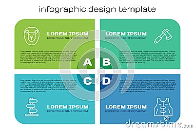 Set line Road traffic sign, Wild lion, Hunting jacket and Wooden axe. Business infographic template. Vector Vector Illustration