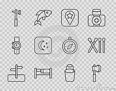 Set line Road traffic sign, Wooden axe, Location for camping, Bed, Hammer, Moon and stars, Bucket and Match stick icon Vector Illustration