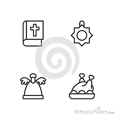 Set line Roasted turkey or chicken, Angel, Holy bible book and Christmas toy icon. Vector Stock Photo