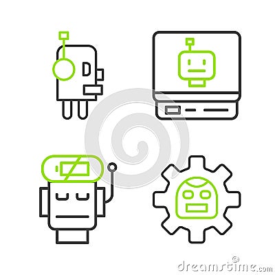Set line Robot, low battery charge, and icon. Vector Vector Illustration