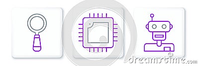 Set line Robot, Magnifying glass and Processor with CPU icon. Vector Vector Illustration