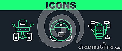 Set line Robot, Mars rover and vacuum cleaner icon. Vector Vector Illustration