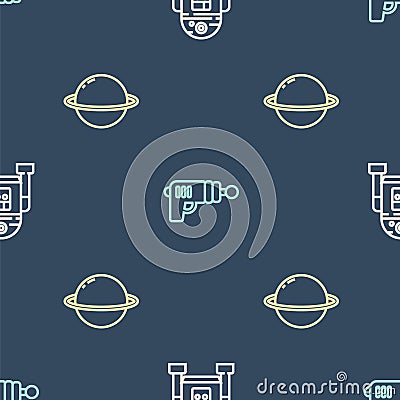 Set line Robot, Planet Saturn and Ray gun on seamless pattern. Vector Stock Photo