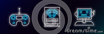 Set line Robot, Remote control and User manual icon. Glowing neon. Vector Vector Illustration