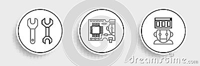 Set line Robot, Spanner and Printed circuit board PCB icon. Vector Vector Illustration