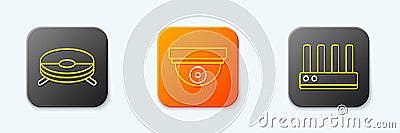 Set line Robot vacuum cleaner, Motion sensor and Router and wi-fi signal icon. Vector Stock Photo