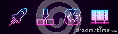 Set line Rocket ship with fire, Loading, Police badge and Server, Data, Web Hosting. Glowing neon icon. Vector Vector Illustration