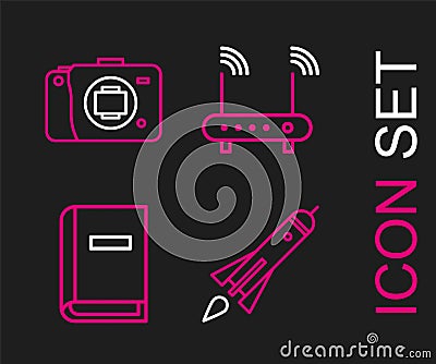 Set line Rocket ship with fire, User manual, Router and wi-fi signal and Mirrorless camera icon. Vector Stock Photo
