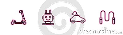 Set line Roller scooter, Radio controlled car toy, Robot and Jump rope icon. Vector Stock Photo