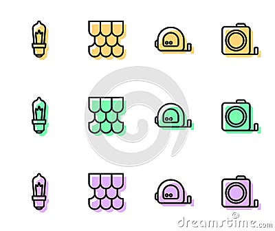 Set line Roulette construction, Light bulb, Roof tile and icon. Vector Vector Illustration