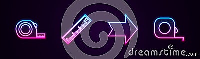 Set line Roulette construction, Ruler, Arrow and . Glowing neon icon. Vector Vector Illustration