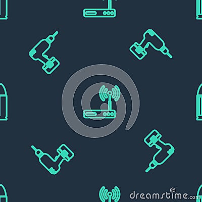 Set line Router and wi-fi, Drill machine and Bullet on seamless pattern. Vector Vector Illustration