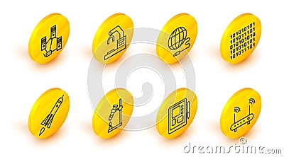 Set line Router and wi-fi signal, Graphic tablet, Test tube flask on fire, Rocket ship with, Binary code, Social network Vector Illustration
