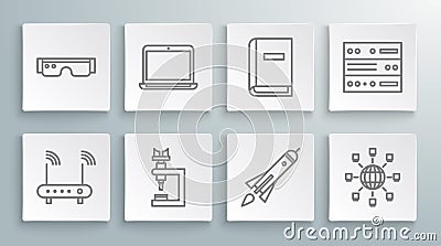 Set line Router and wi-fi signal, Laptop, Microscope, Rocket ship with fire, Social network, User manual, Server, Data Stock Photo