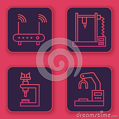 Set line Router and wi-fi signal, Microscope, 3D printer and Robotic robot arm hand factory. Blue square button. Vector Vector Illustration