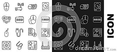 Set line Router and wi-fi signal, Motherboard digital chip, SSHD card, Video graphic, SSD, Web camera, Computer mouse Vector Illustration