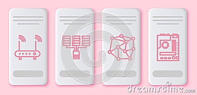 Set line Router and wi-fi signal, Server, Data, Web Hosting, Neural network and Motherboard. White rectangle button Vector Illustration