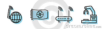 Set line Router and wi-fi signal, Social network, Video graphic card and Robotic robot arm hand factory icon. Vector Vector Illustration