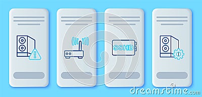 Set line Router and wi-fi signal, SSHD card, Case of computer and icon. Vector Stock Photo
