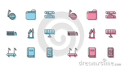 Set line Router and wi-fi signal, User manual, Social network, Smartphone, mobile phone, Test tube flask fire, Solar Vector Illustration