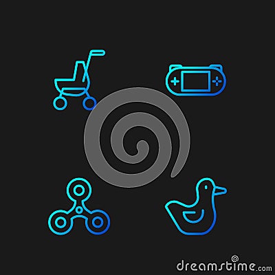 Set line Rubber duck, Fidget spinner, Baby stroller and Portable video game console. Gradient color icons. Vector Stock Photo