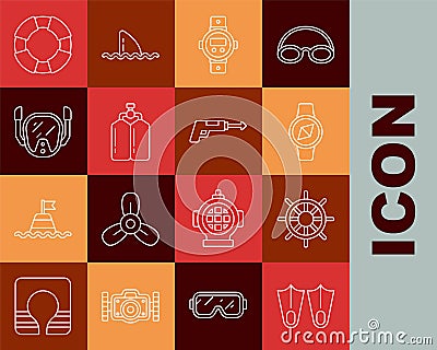Set line Rubber flippers, Ship steering wheel, Compass, Diving watch, Aqualung, mask, Lifebuoy and Fishing harpoon icon Stock Photo