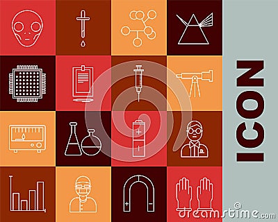 Set line Rubber gloves, Scientist, Telescope, Molecule, Clipboard with document, Processor, Extraterrestrial alien face Vector Illustration