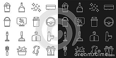 Set line Rubber gloves, Toilet bowl, Robot vacuum cleaner, Home cleaning service, Bucket, with foam and Trash can icon Vector Illustration