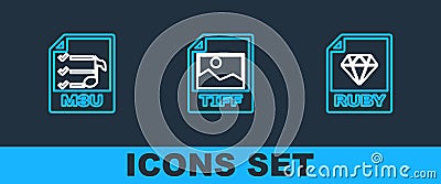 Set line RUBY file document, M3U and TIFF icon. Vector Stock Photo