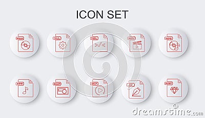Set line RUBY file document, MP3, XSL, AI, WMA, DLL, BMP and GIF icon. Vector Vector Illustration