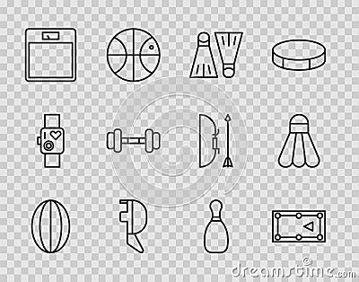 Set line Rugby ball, Billiard table, Rubber flippers for swimming, Fencing helmet mask, Bathroom scales, Dumbbell Stock Photo
