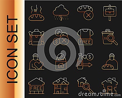 Set line Ruined house, Feeding the homeless, Searching for food, Donation, No money, Hiking backpack, and Clothes Stock Photo