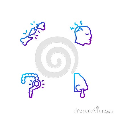 Set line Runny nose, Gut constipation, Human broken bone and Man having headache. Gradient color icons. Vector Vector Illustration