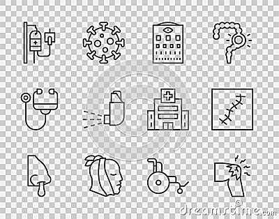 Set line Runny nose, Joint pain, knee pain, Eye test chart, Toothache, IV bag, Inhaler, Wheelchair and Scar with suture Stock Photo