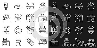 Set line Rv Camping trailer, Swimsuit, Suitcase, Glasses, Bodybuilder muscle, Sand castle, Ice cream and Flip flops icon Vector Illustration