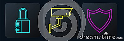 Set line Safe combination lock, Shield and Security camera. Black square button. Vector Vector Illustration
