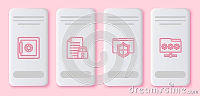 Set line Safe, Document and lock, Browser with shield and Folder password. White rectangle button. Vector Stock Photo
