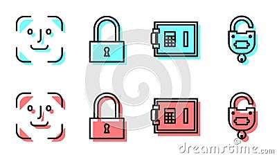 Set line Safe, Face recognition, Lock and Lock and key icon. Vector Vector Illustration
