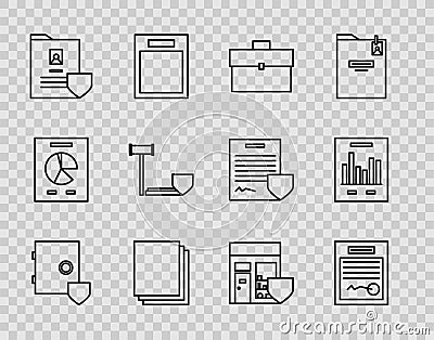 Set line Safe with shield, Filled form, Briefcase, Clean paper, Document, Judge gavel, Shopping building and graph chart Stock Photo