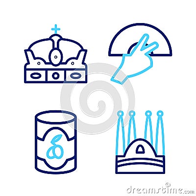 Set line Sagrada Familia, Olives in can, Fan flamenco and Crown of spain icon. Vector Stock Photo