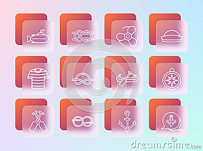 Set line Sailor hat, Nautical rope knots, Kayak and paddle, Anchor, Boat propeller, Submarine and icon. Vector Vector Illustration