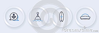 Set line Sailor hat, Surfboard, Floating buoy and Anchor icon. Vector Vector Illustration