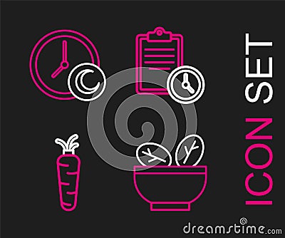 Set line Salad in bowl, Carrot, Sport training program and Time to sleep icon. Vector Vector Illustration